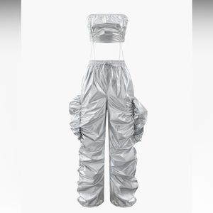 Metallic draw string tube top and metallic pants